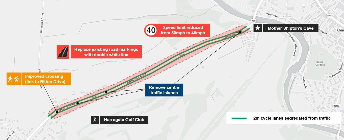 A map showing the first part of the Harrogate cycle improvements as outlined above