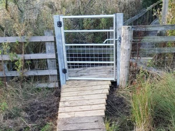 Fence gate with boardwalk beneath to help avoid the damp mud under fence