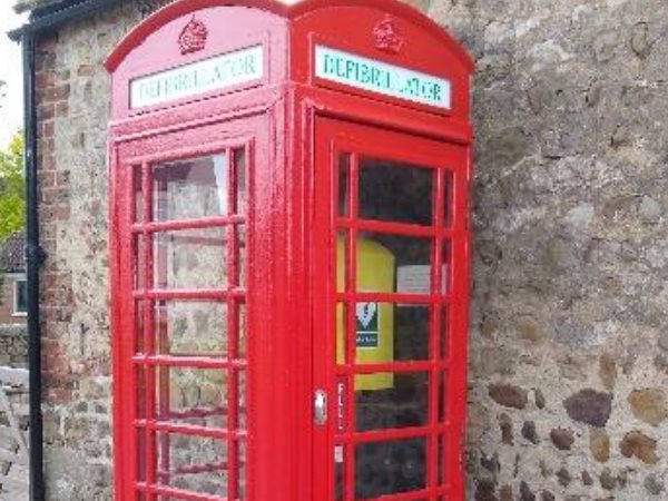 Telephone box which has been restored as a defibrillator