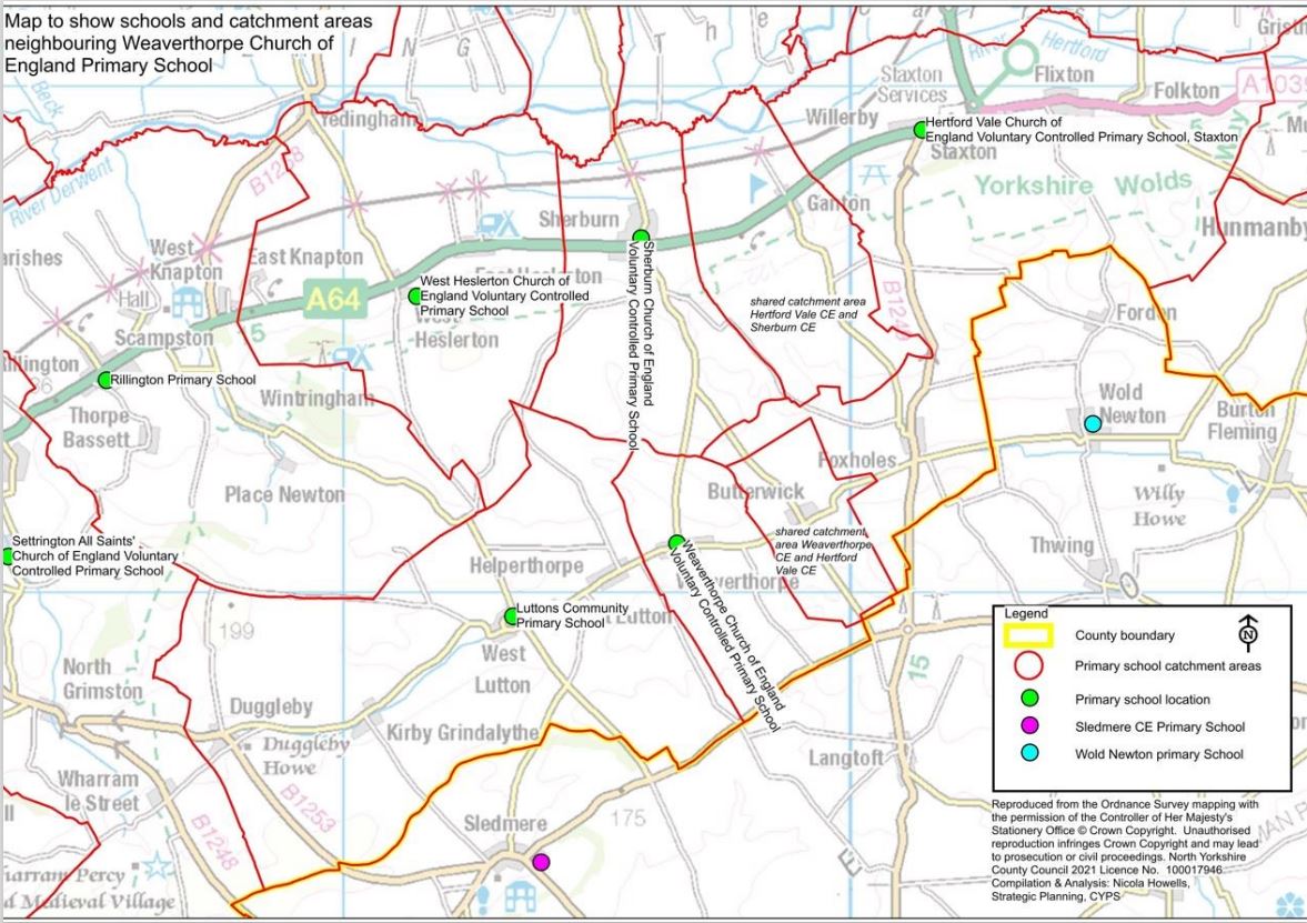 "Map showing the local catchment areas neighbouring Weaverthorpe CofE Primary School"