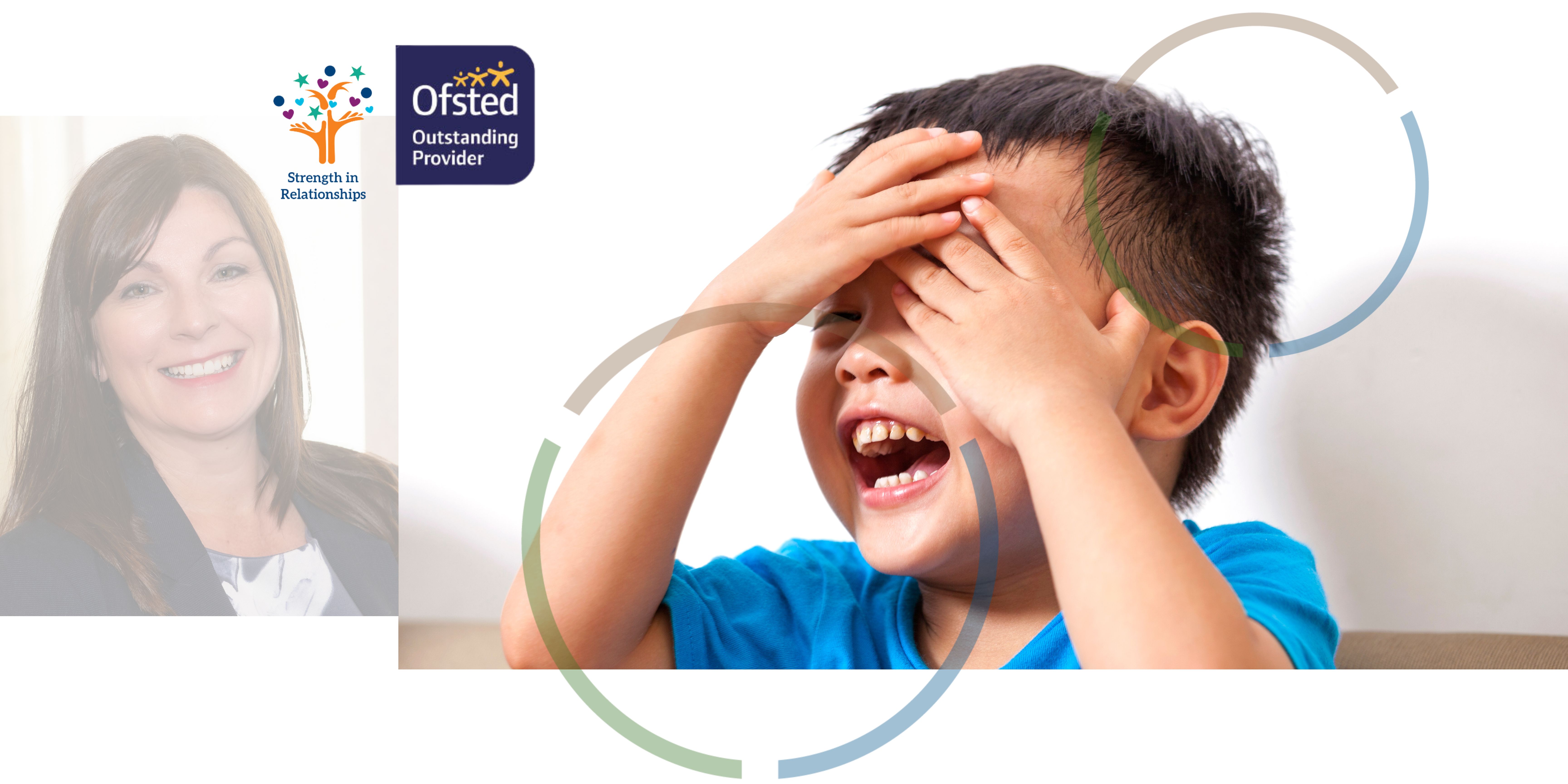A portrait photograph of a member of the children and families social work team next to an image of a child laughing with the Ofsted and strength in relationships logos.