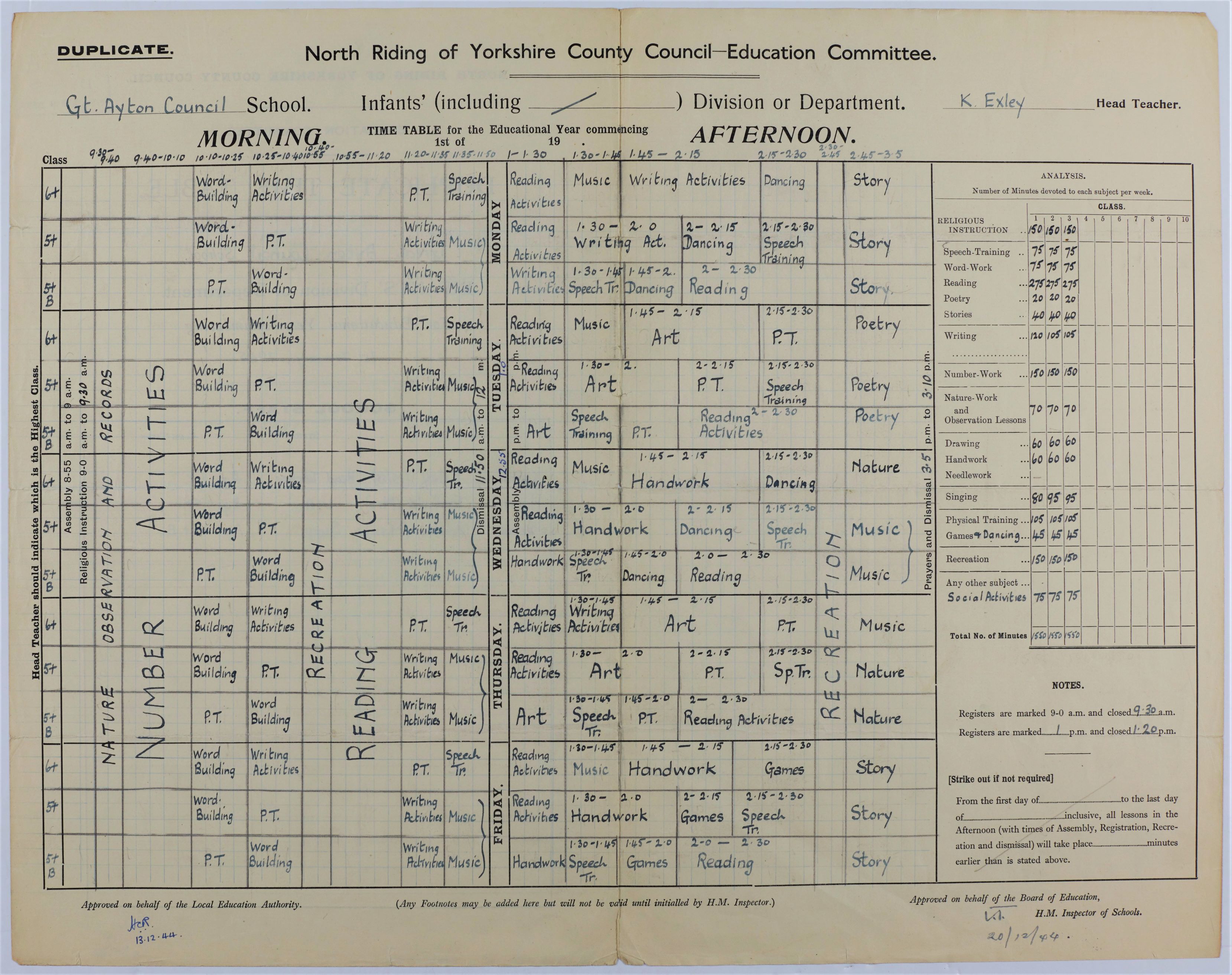 A duplicate timetable for Great Ayton Council School for 1945.