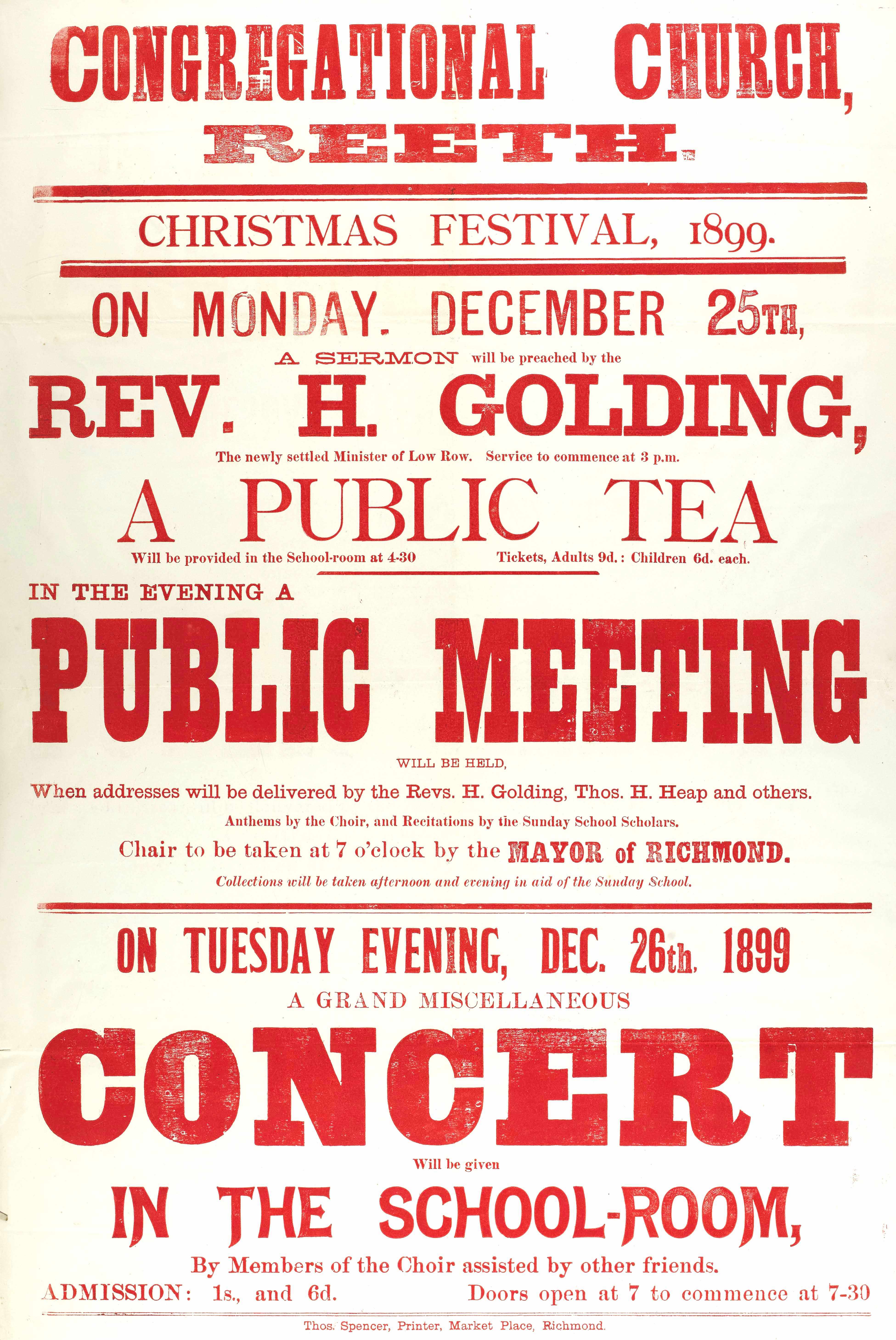 Reeth’s Christmas Festival poster from 1899.