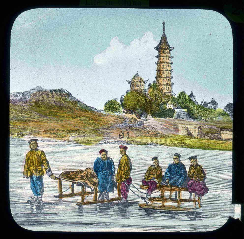 Sledging across a lake in China depicted in an image comes from a collection of glass-plate negatives on ‘Life in China’ in the Dr Arthur Raistrick photographic collection.