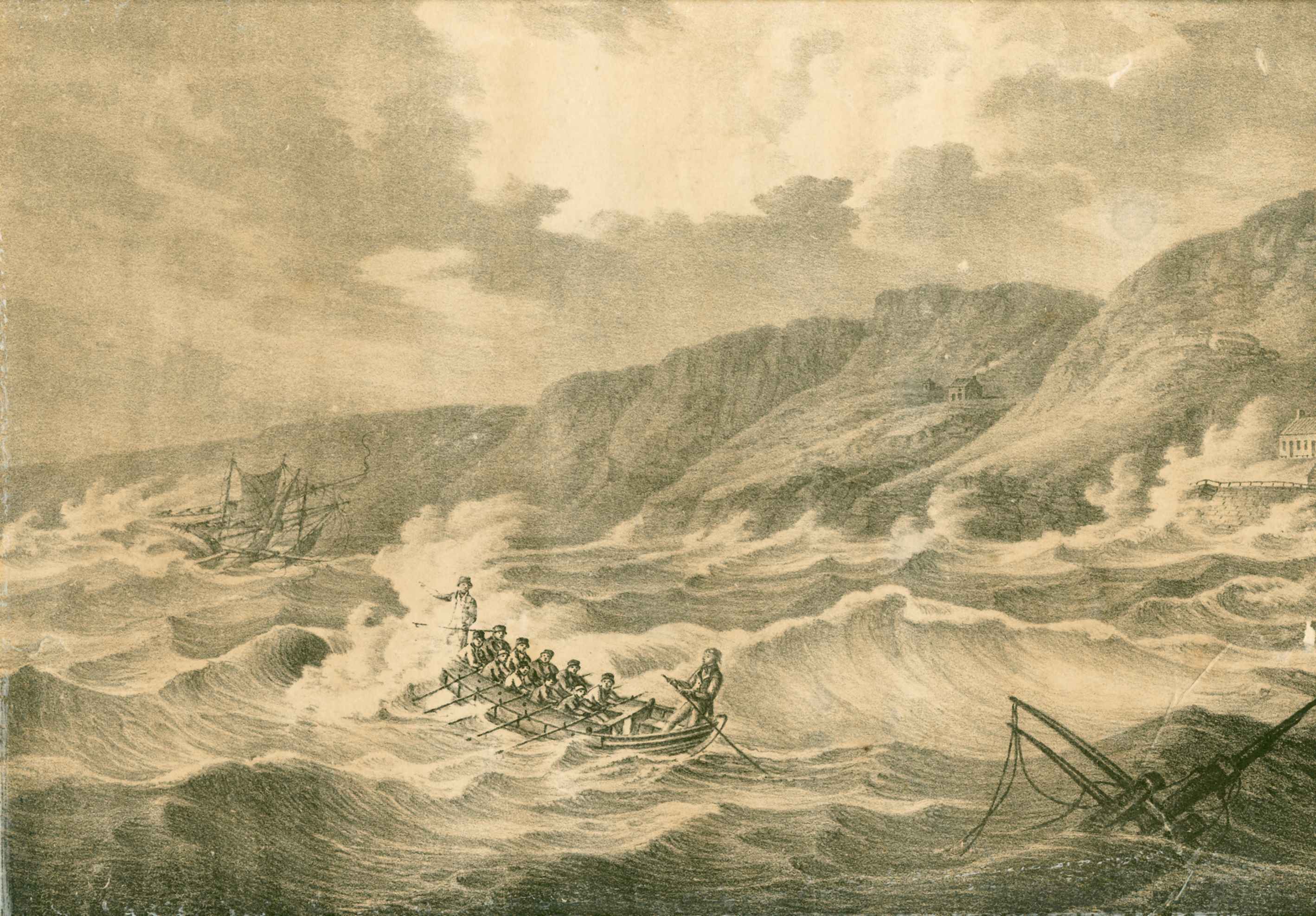 Etching of a storm at Scarborough in October 1824. The lifeboat is assisting the Brig Hebe.