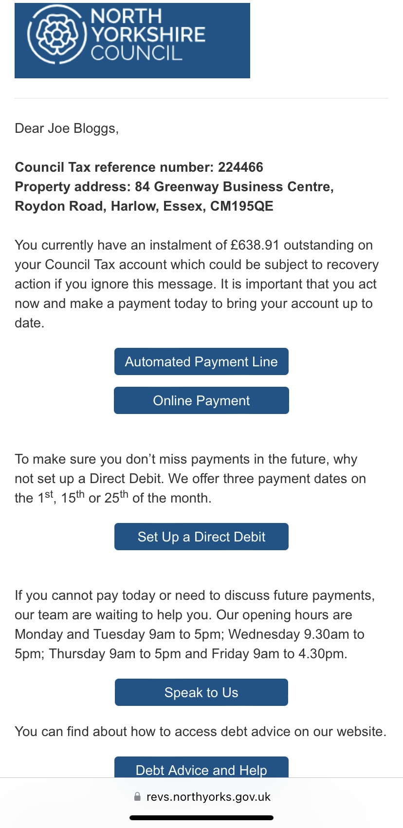 Example of council tax email