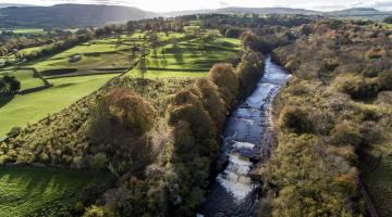 Aerial view of Aysgarth Falls and surrounding area