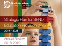 Child playing with building blocks, with text over top with the title Strategic Plan for SEND Education Provision 0-25