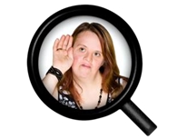 Girl inside of a magnifying glass, with her hand to her ear