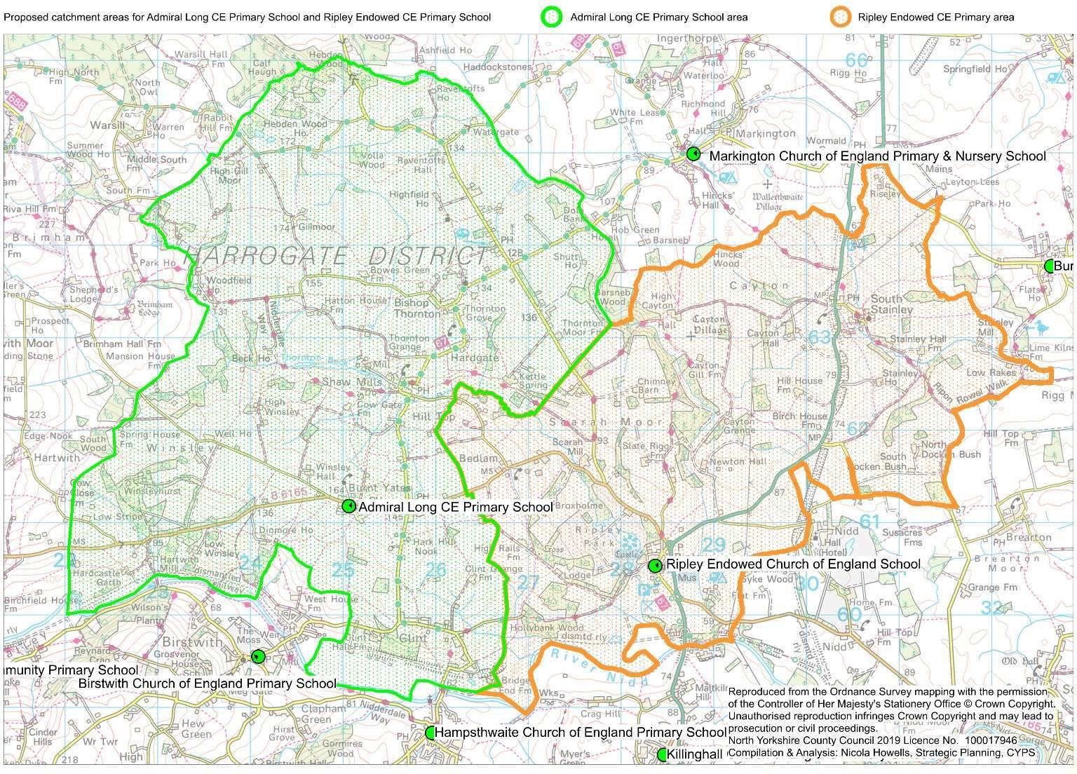 Proposed catchment areas for Admiral Long CE Primary School and Ripley Endowed Church of England Primary School. Contact us for this in another format.