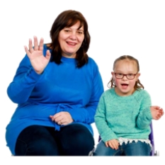 Teacher and child waving at camera