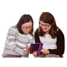 Girl and teacher looking at a tablet together