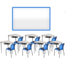 Tables and chairs in front of a whiteboard