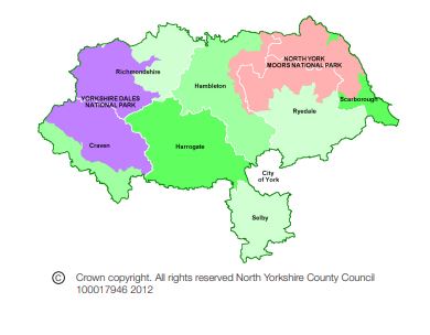""A map showing the seven districts of North Yorkshire and the two National Parks