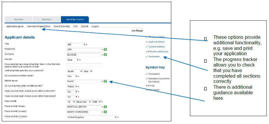 Annotated form with arrows guiding viewer to sections.