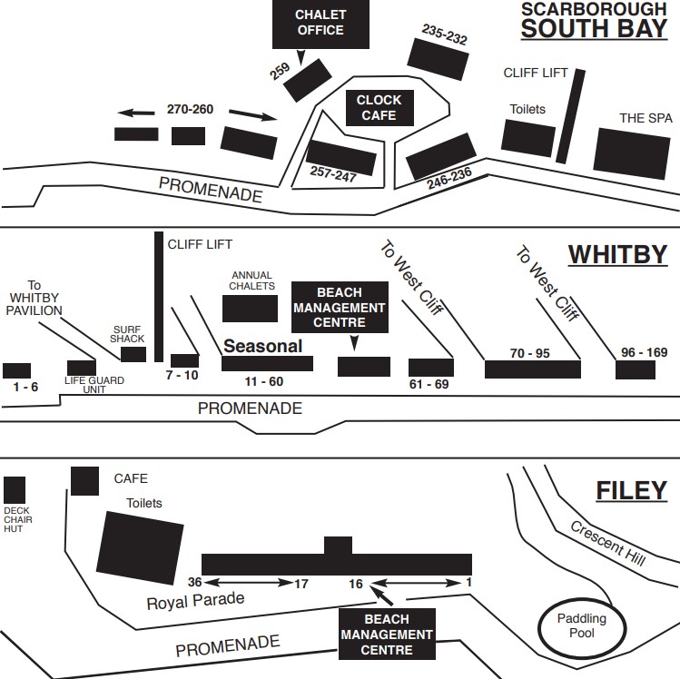 Map of chalet layouts at Scarborough, Whitby and Filey.