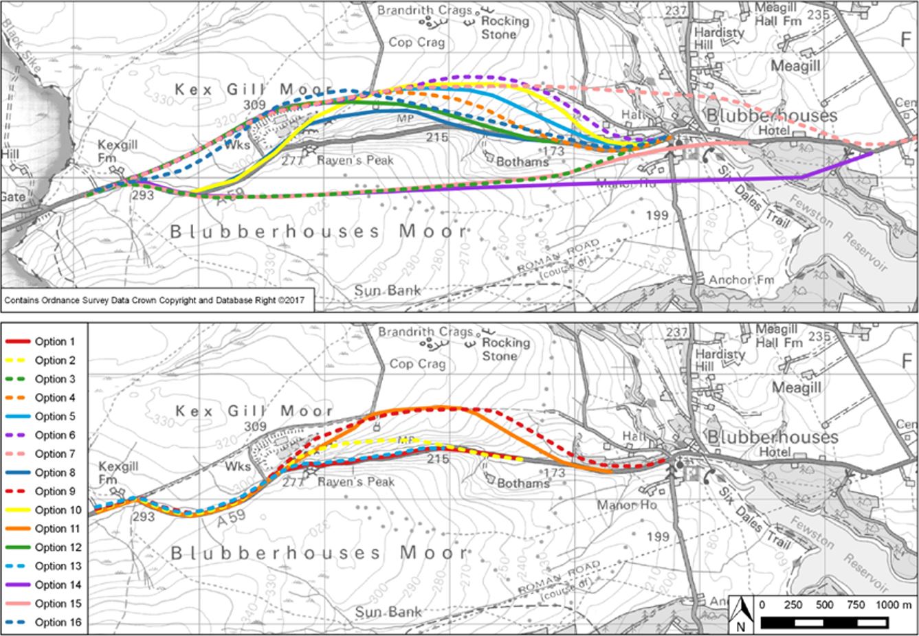 Map showing 16 different route options. Please contact us for this information in a different format.