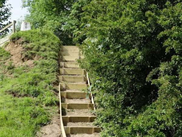 Wooden stairs with grass cut back on each side to make them a lot more accessible