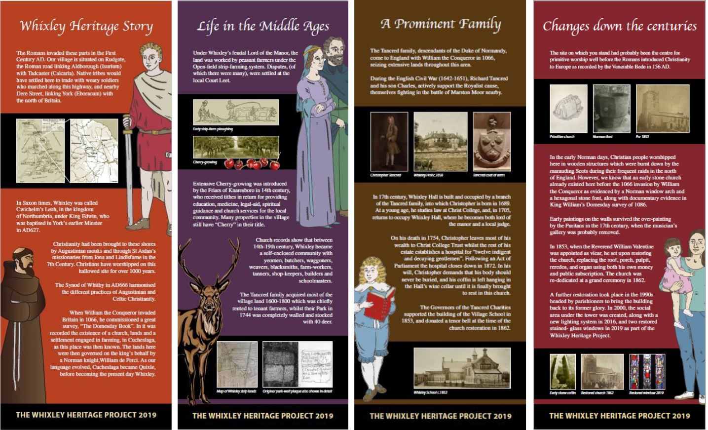 Collection of 4 leaflets titled Whixley heritage story, Life in the middle ages, a prominent family and changes down the centuries