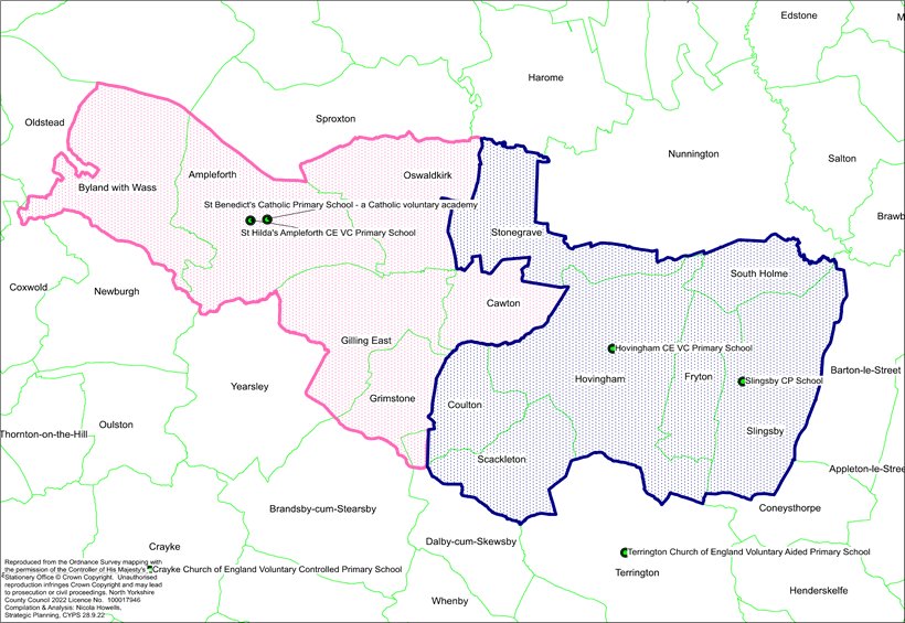 Graphic showing proposed option 1 - Hovingham CE discrete catchment area to become part of the catchment area for Slingsby CP.