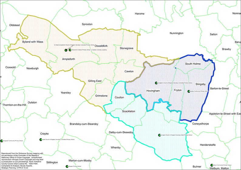 Graphic showing proposal option 2 - Hovingham parish to become part of the Slingsby CP catchment area.