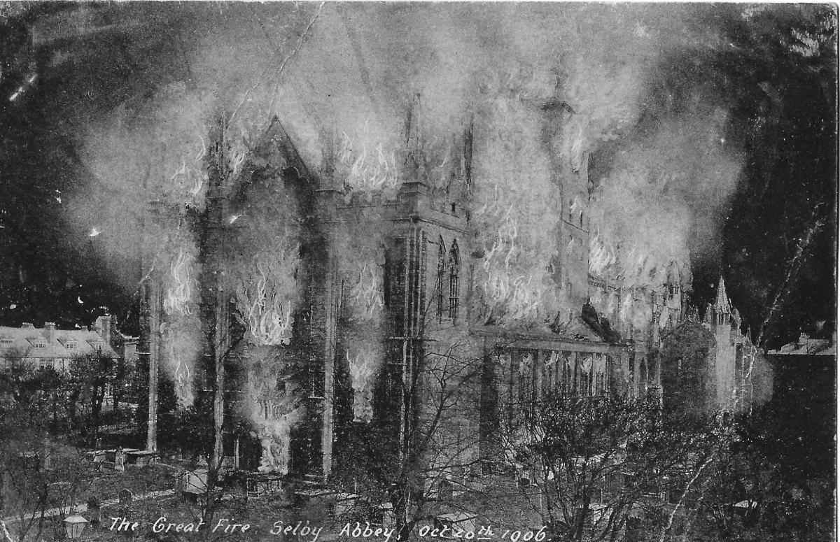 Selby Abbey on fire