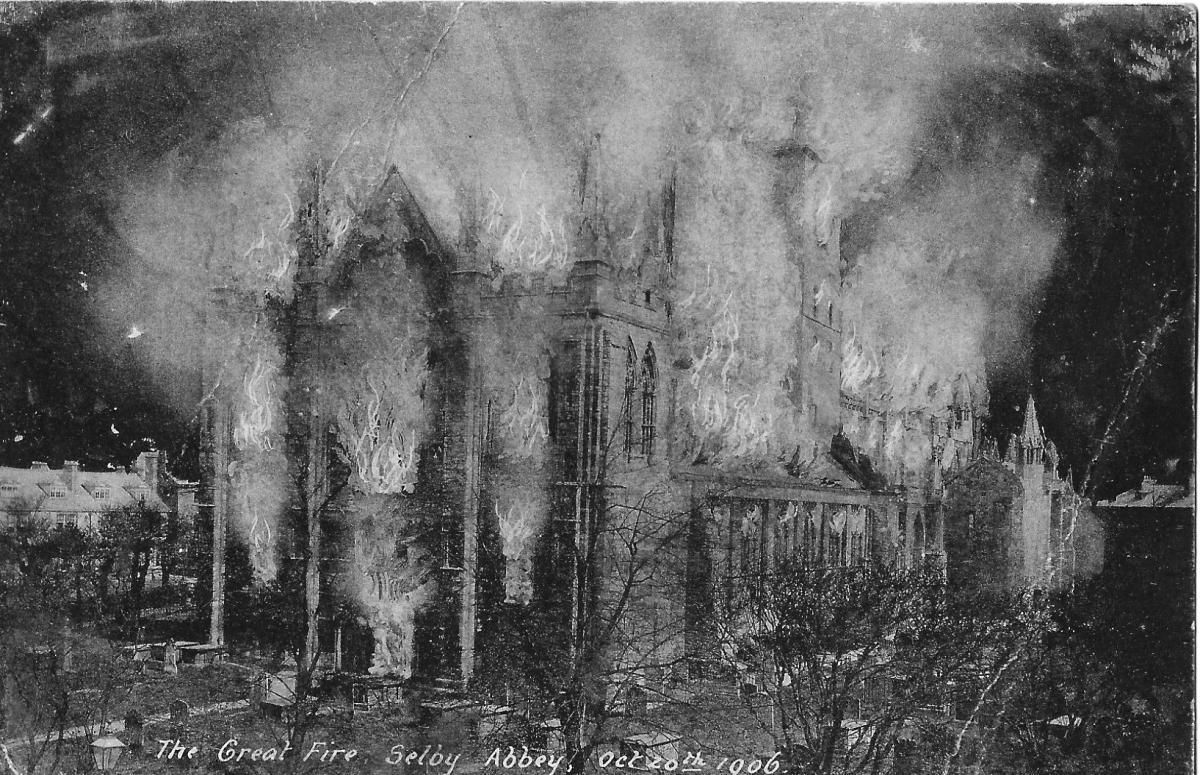 Selby Abbey on fire