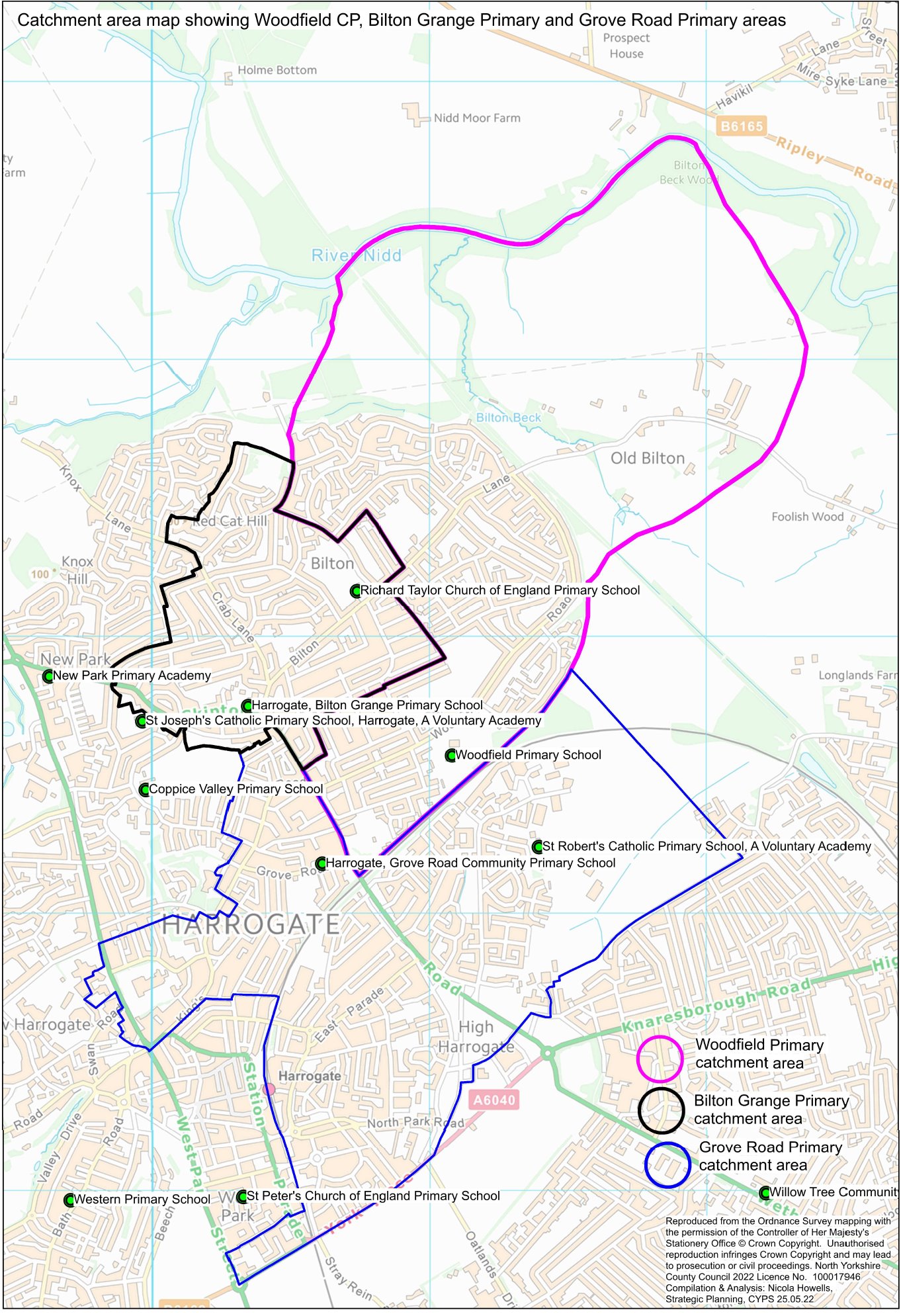"Catchment area map showing Woodfield CP, Bilton Grange Primary and Grove Road Primary areas"