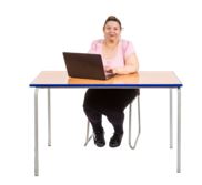 A woman sitting at a desk with a computer.