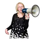 A woman speaking through a megaphone.