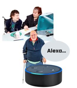 A person with an Alexa and two people on a computer.