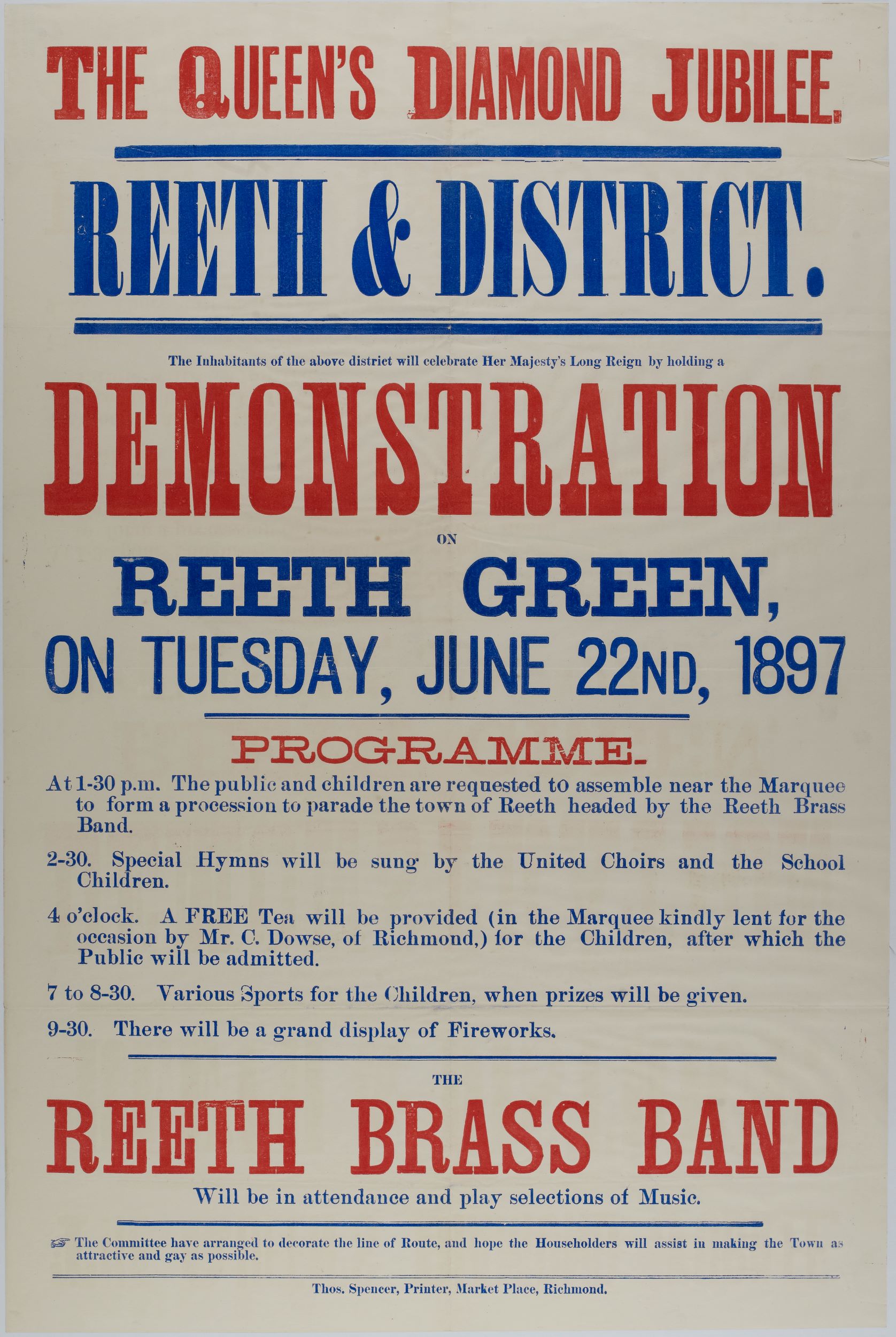 •	A poster advertising celebrations at Reeth for the Diamond Jubilee of Queen Victoria in June 1897