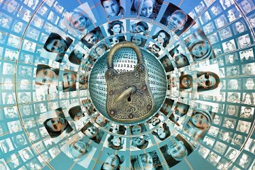 Photographs of faces organised in circles around a padlock.