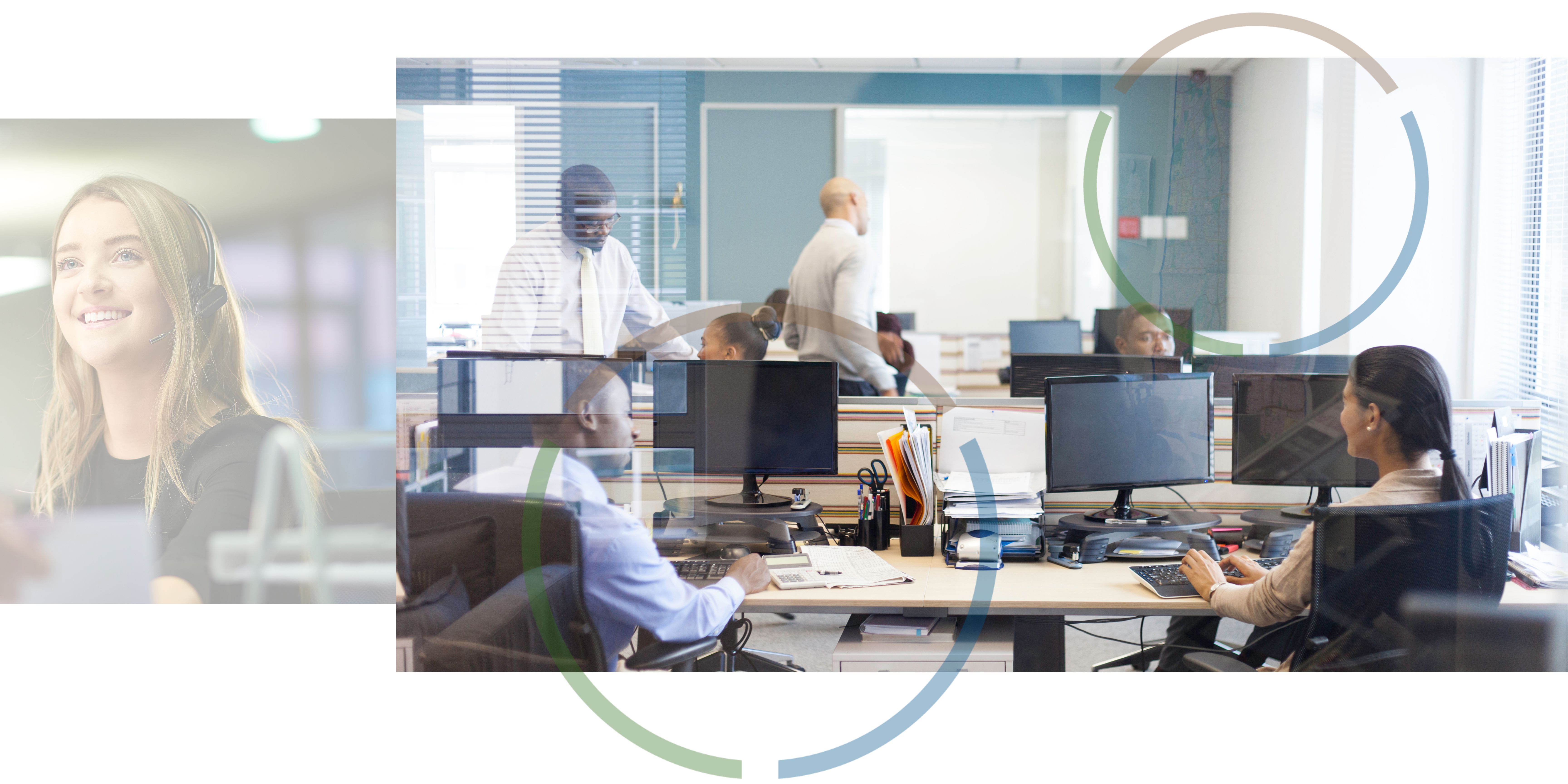 A picture of a woman wearing a headset next to a picture of people working at computers in an office.