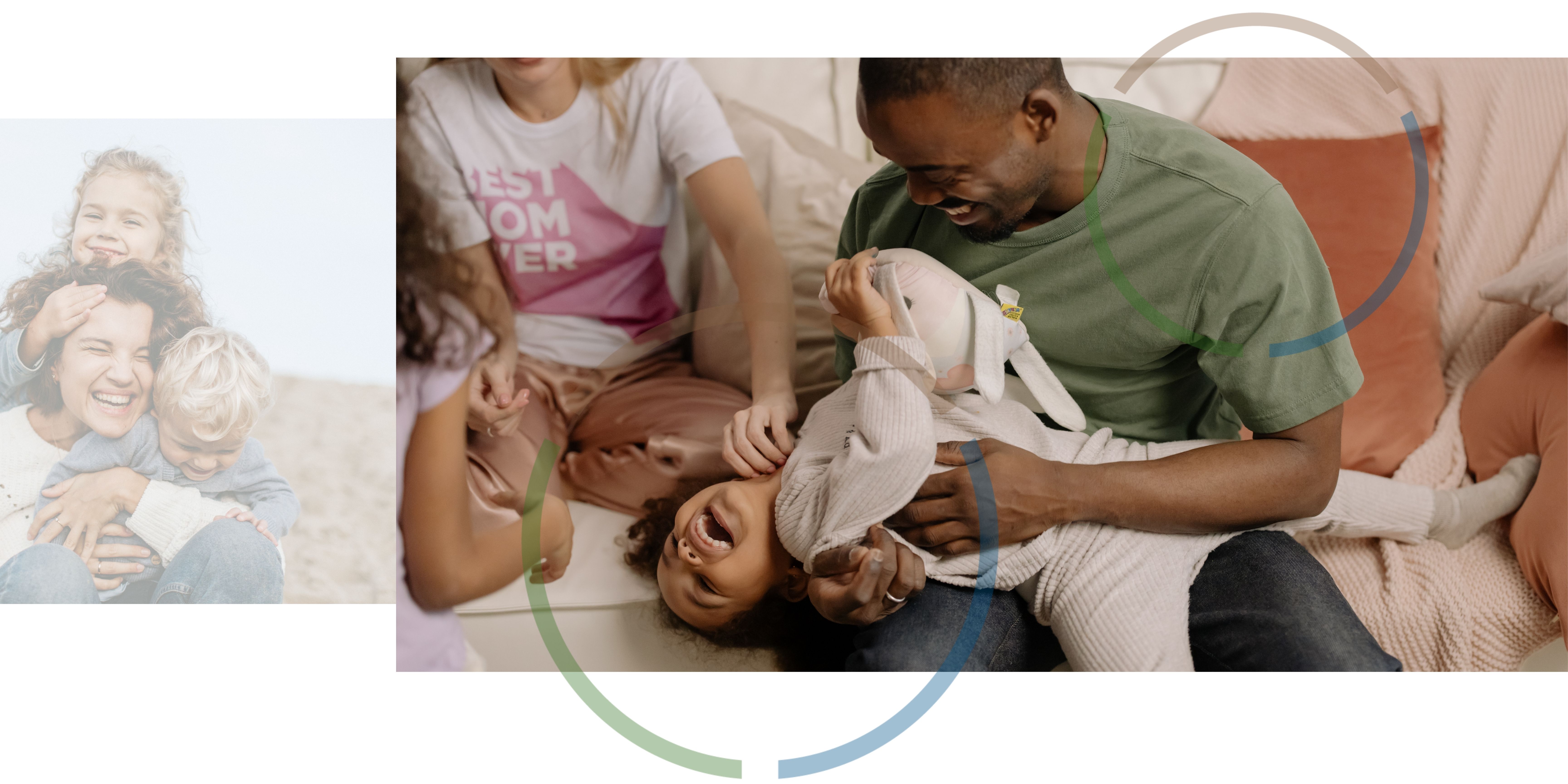 Two images of families playing and laughing. 