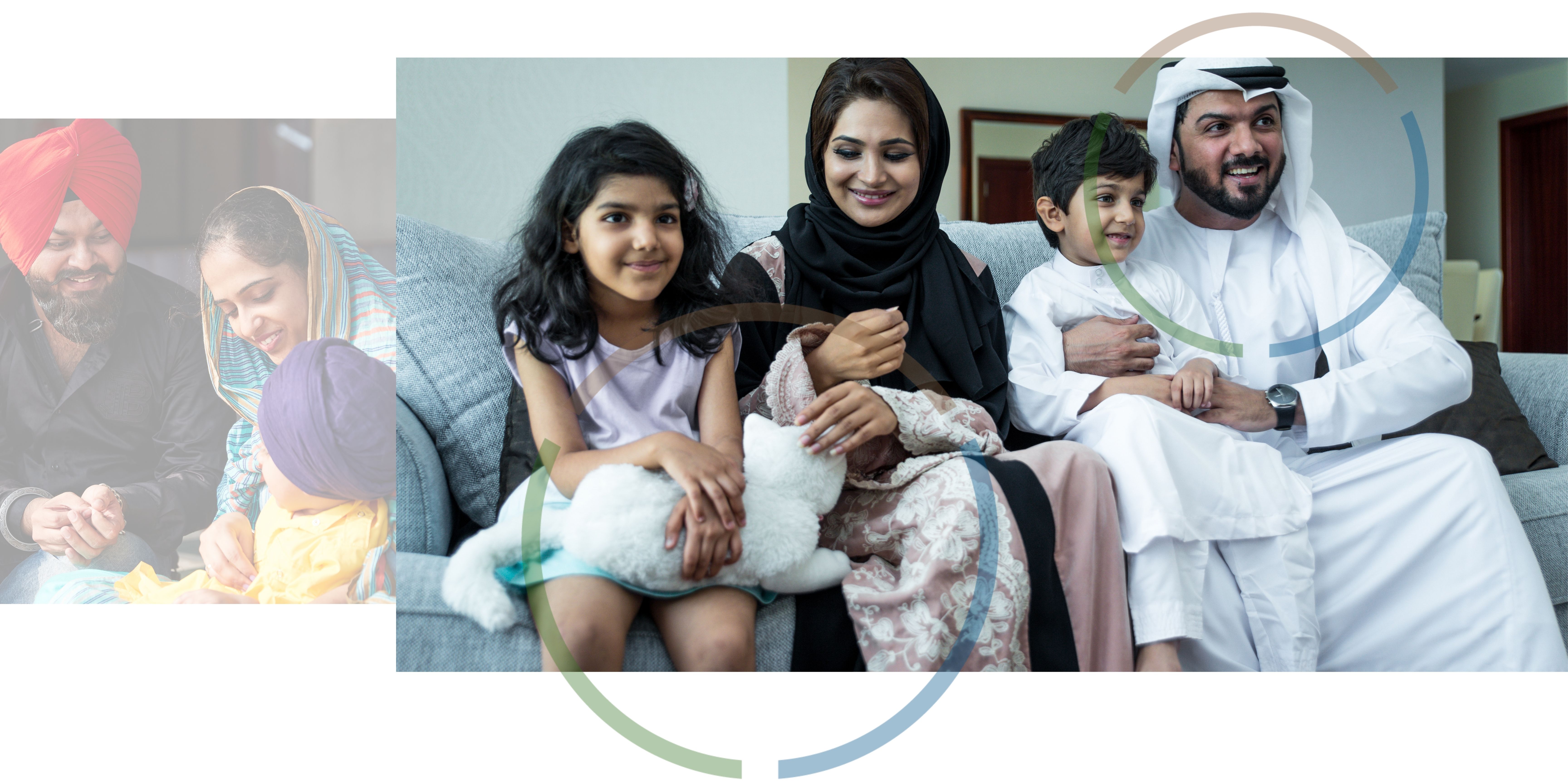 Two images of families sitting together and smiling.