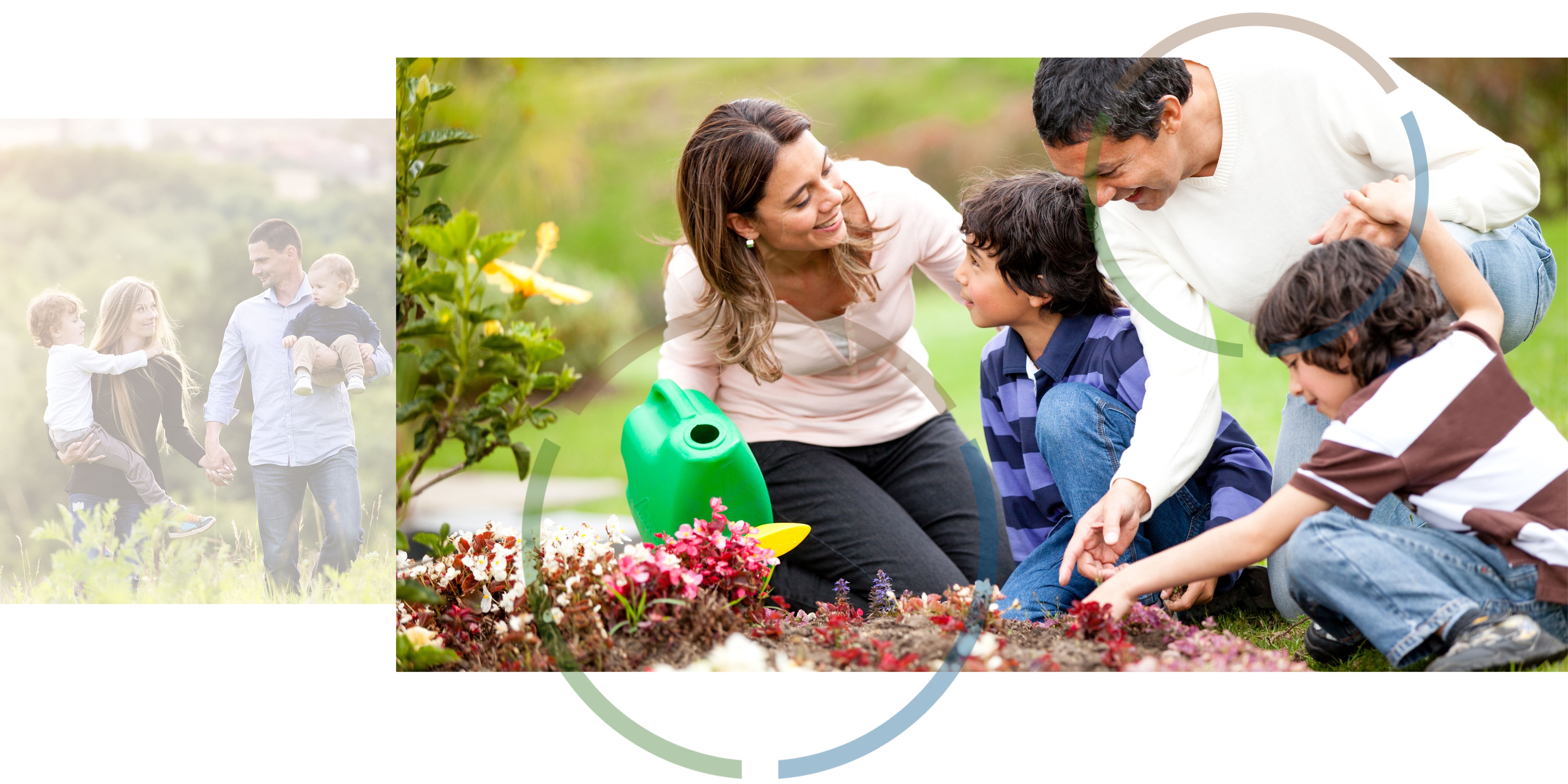 Images of families playing outdoors.