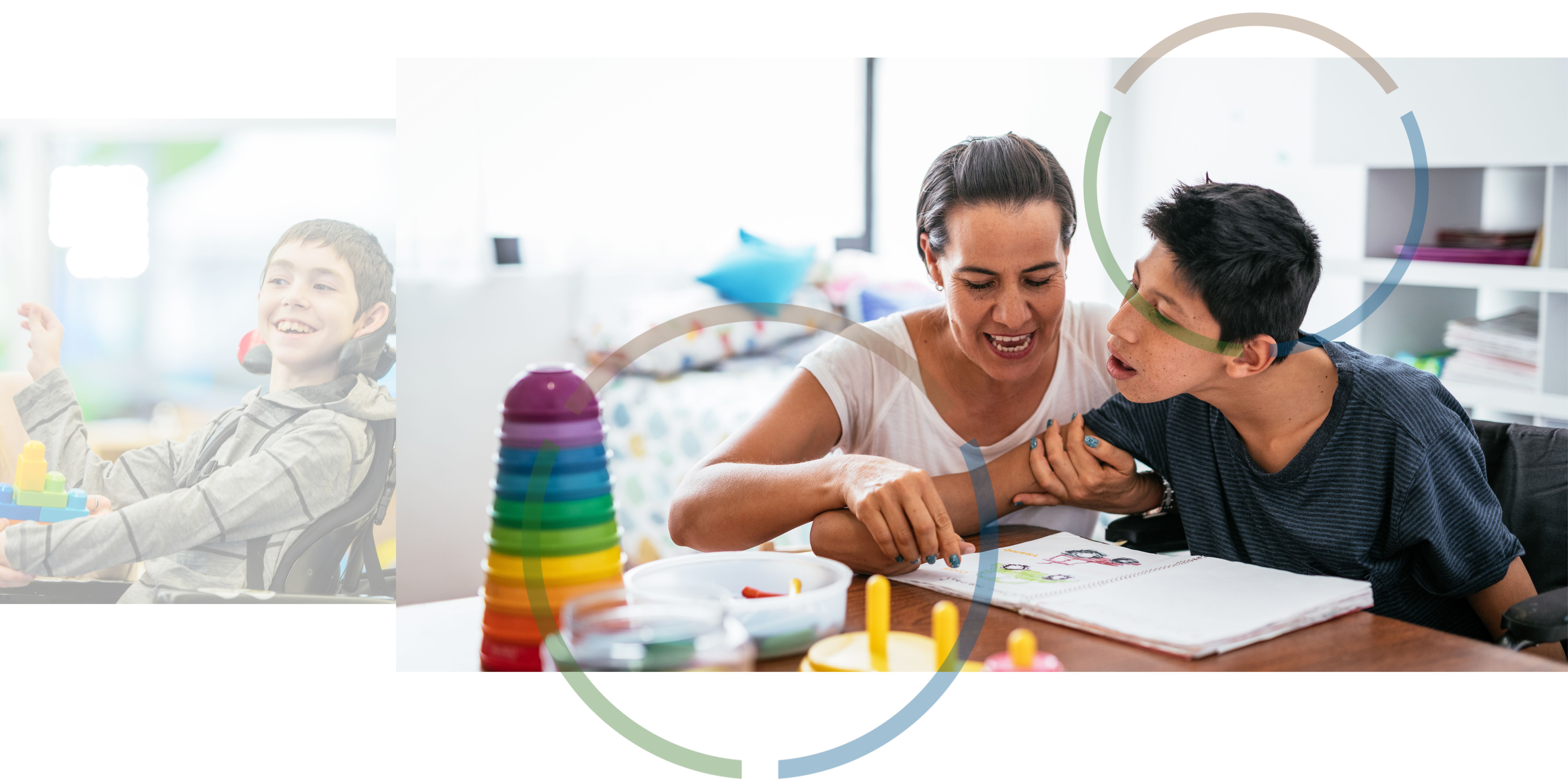 A picture of a boy in a wheelchair smiling next to a picture of a woman helping a boy with schoolwork.