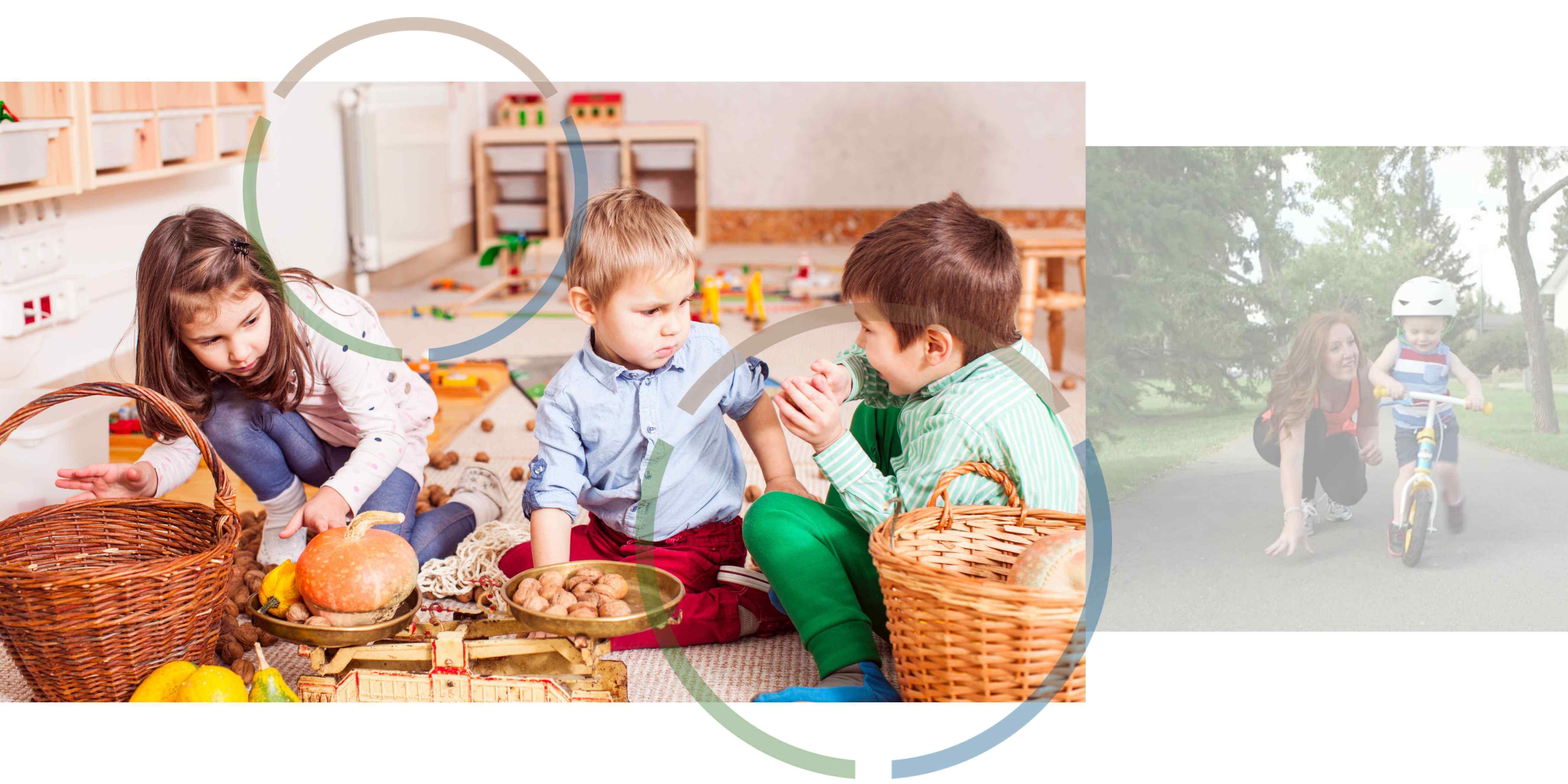 A picture of children playing with toys and a picture of a woman teaching a child to ride a scooter.