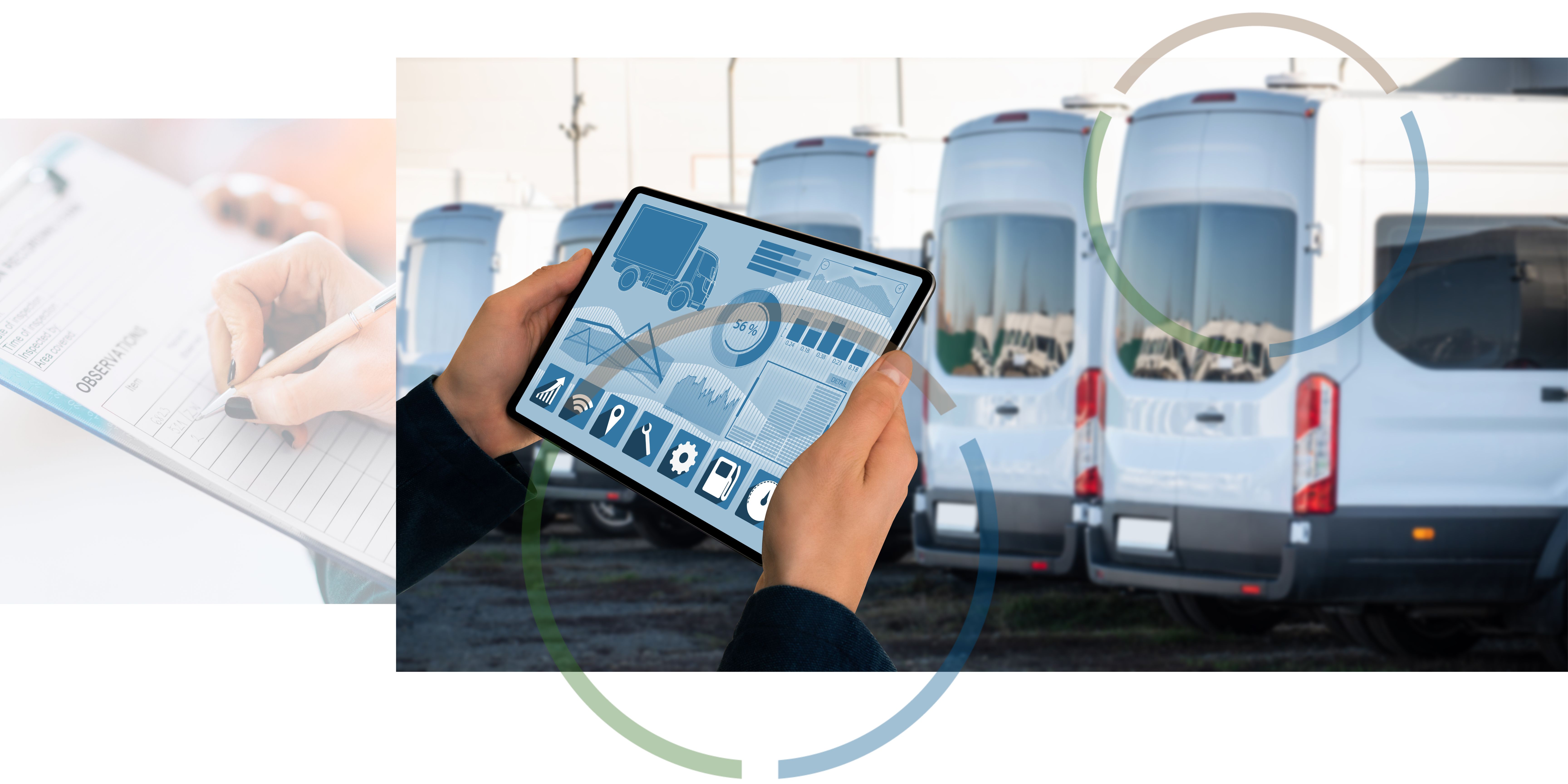 Hands holding a clipboard and hands holding a tablet in front of a row of vans.