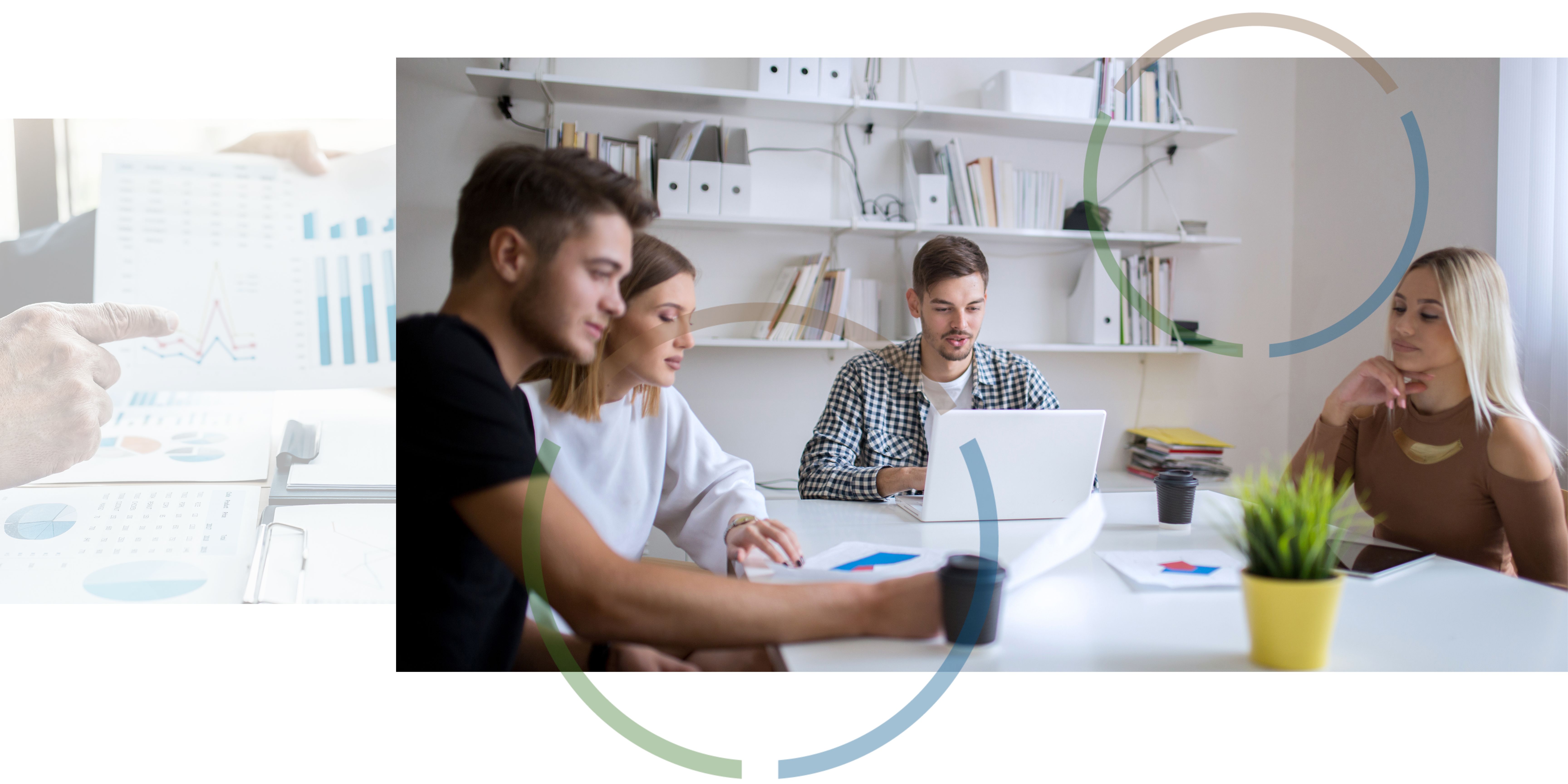 An image of hands pointing to graphs on a piece of paper next to an image of young people working together in an office.