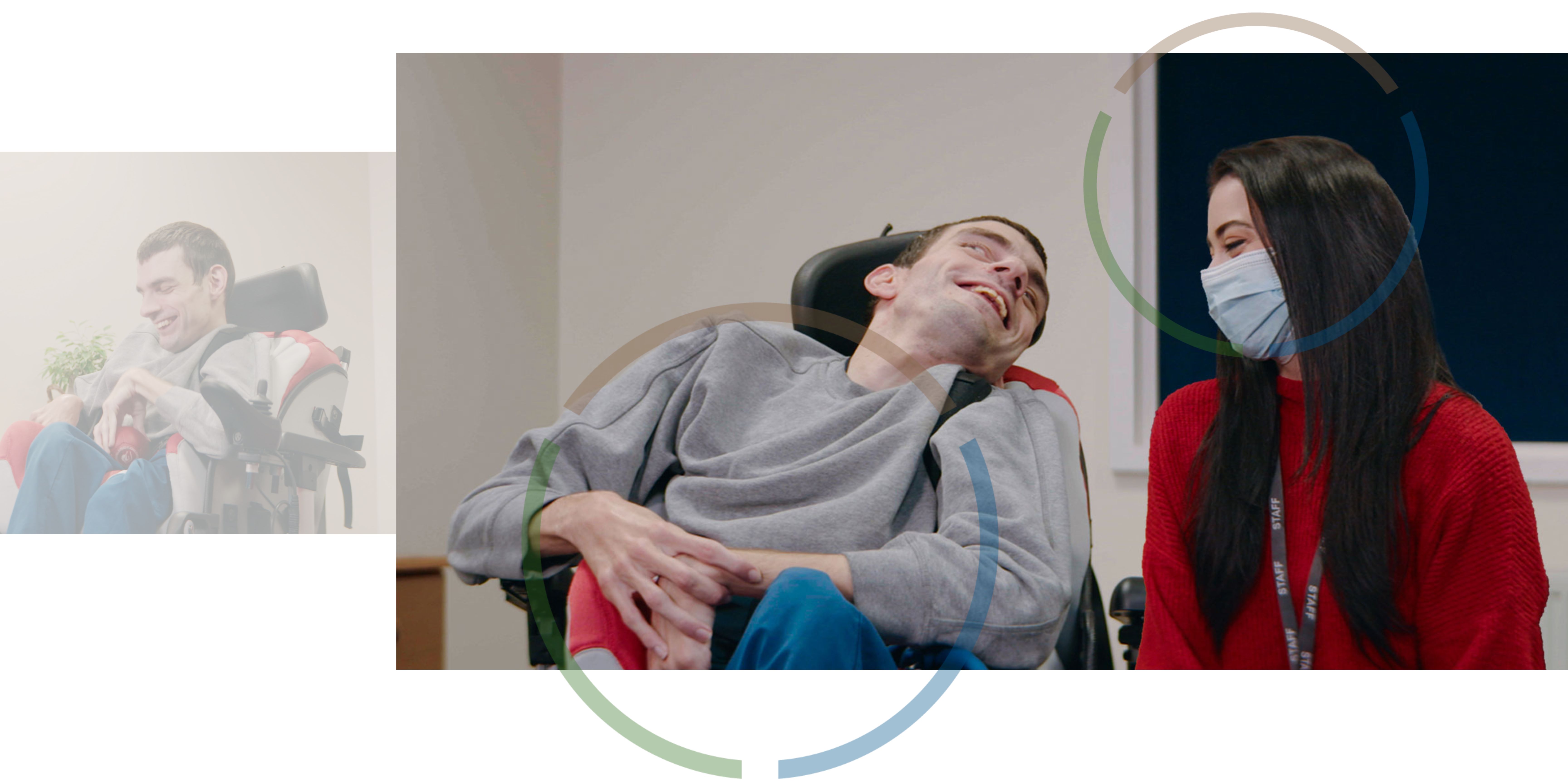 A photograph of a man in a wheelchair smiling next to a photograph of the same man talking with a woman wearing a face mask.