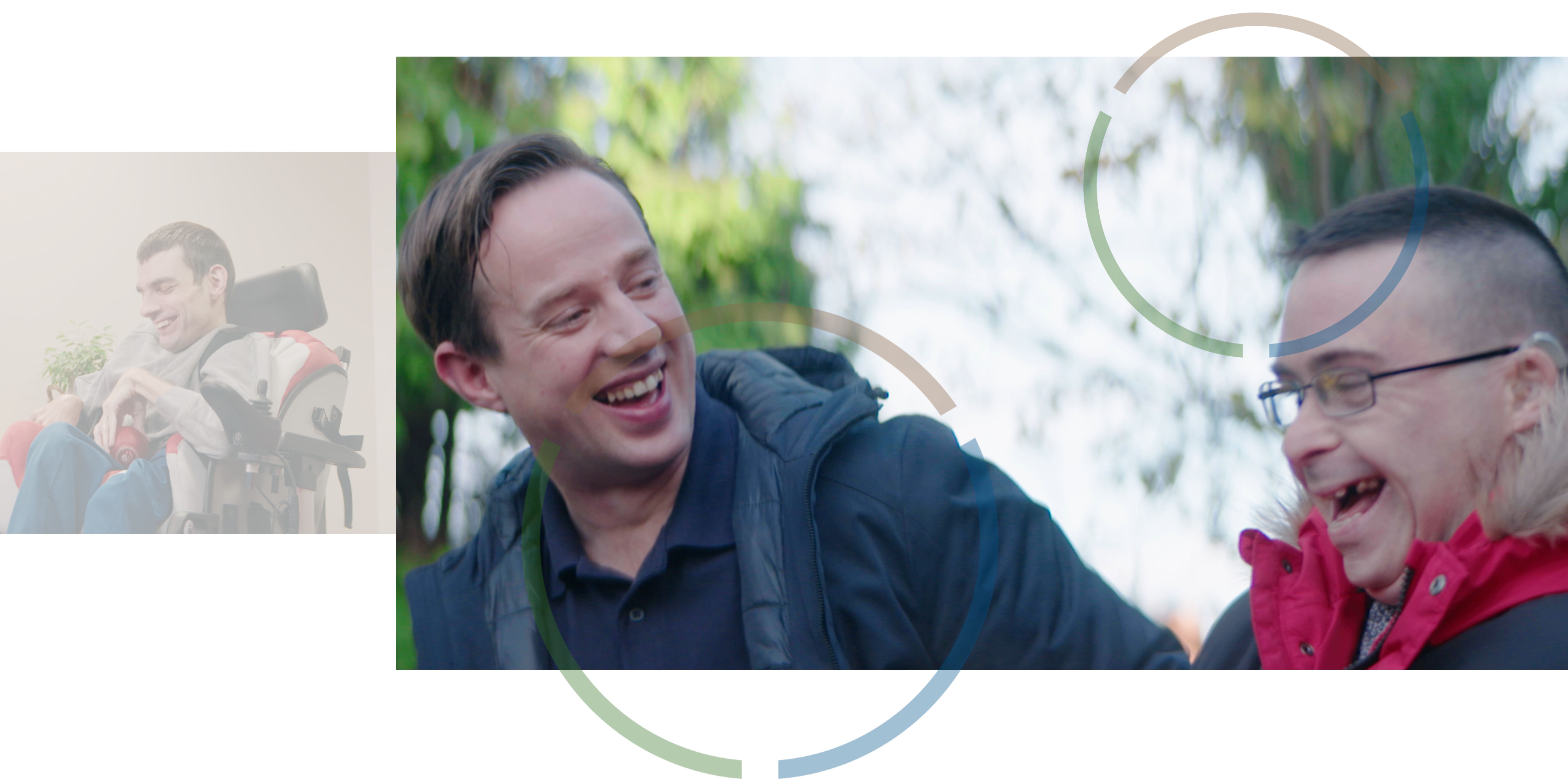 A portrait of a man in a wheelchair next to a photograph of two men laughing outdoors.