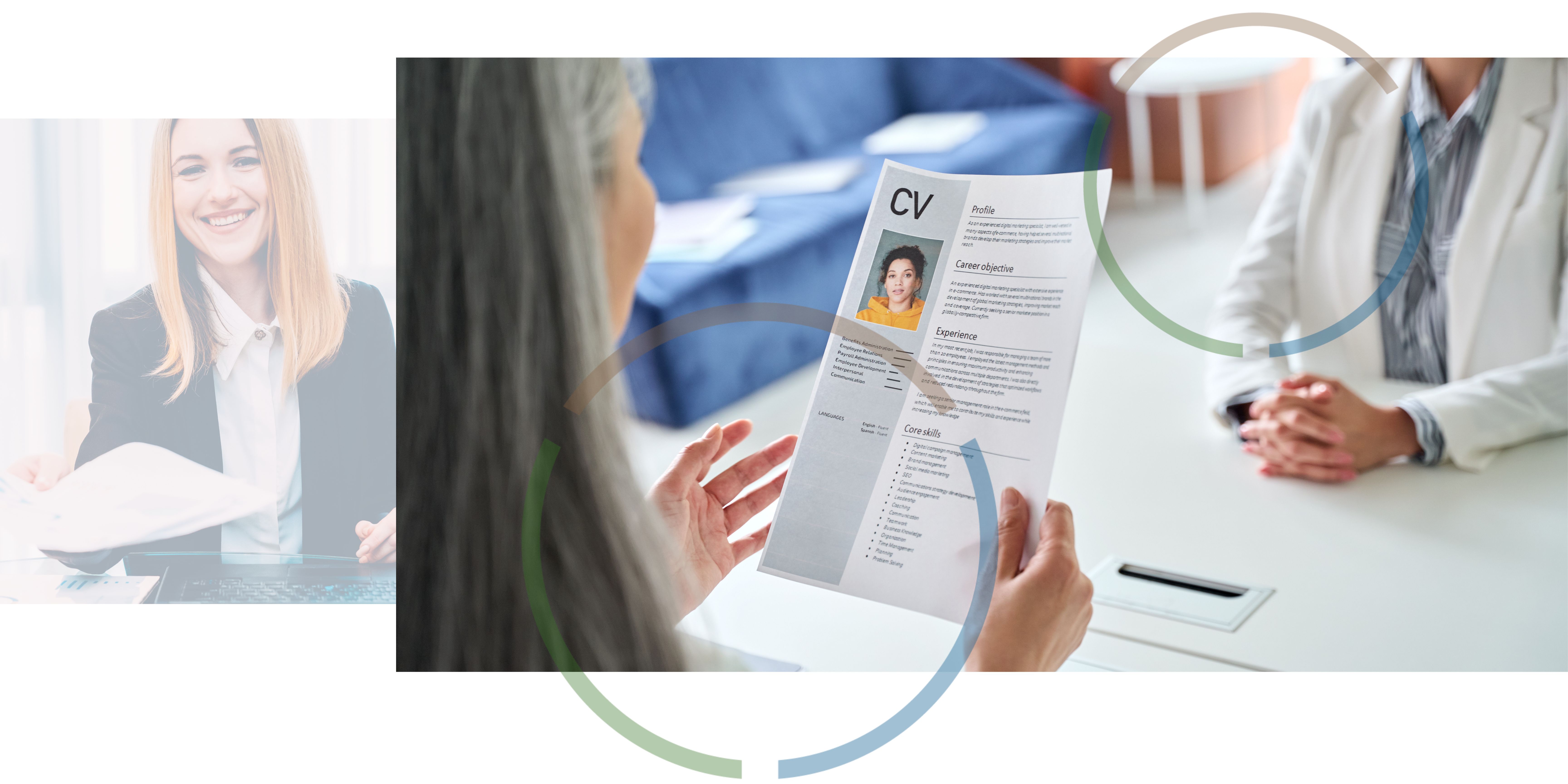 An image of a woman smiling at a desk and an image of a woman looking at a printed CV.