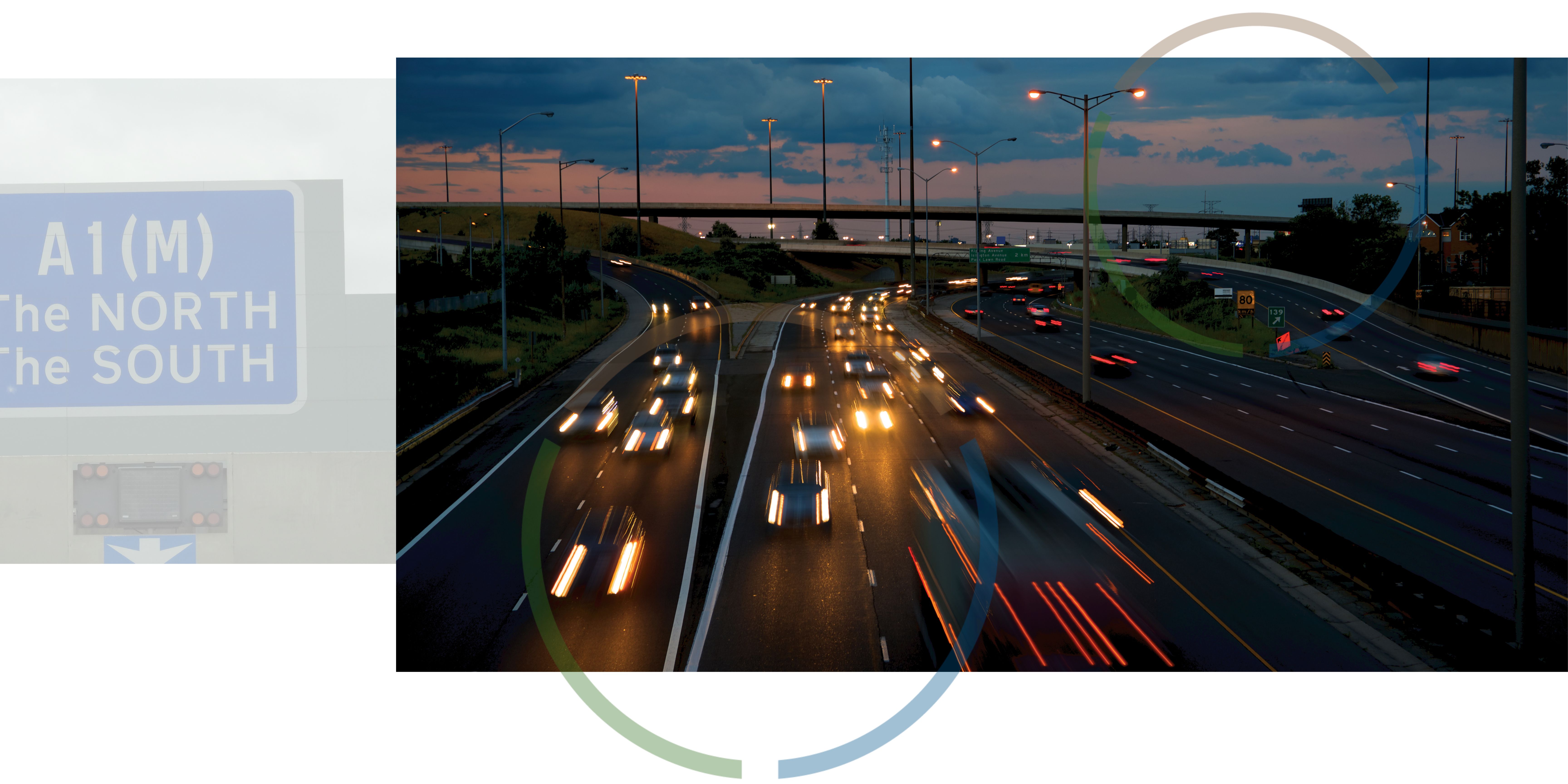 A picture of a road sign next to a picture of a motorway at night.