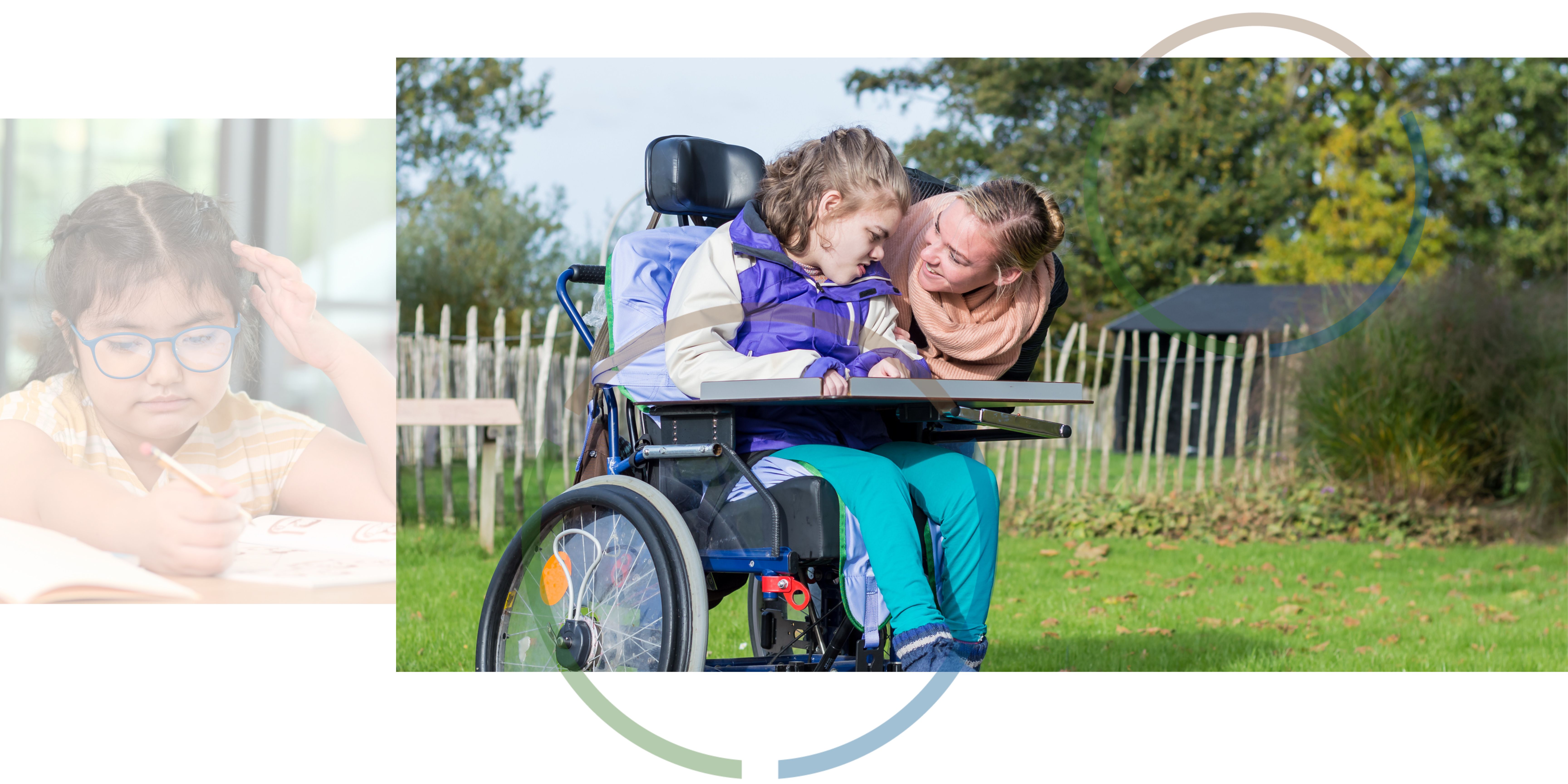 A picture of a girl doing homework next to a picture of a woman talking to a girl in a wheelchair.