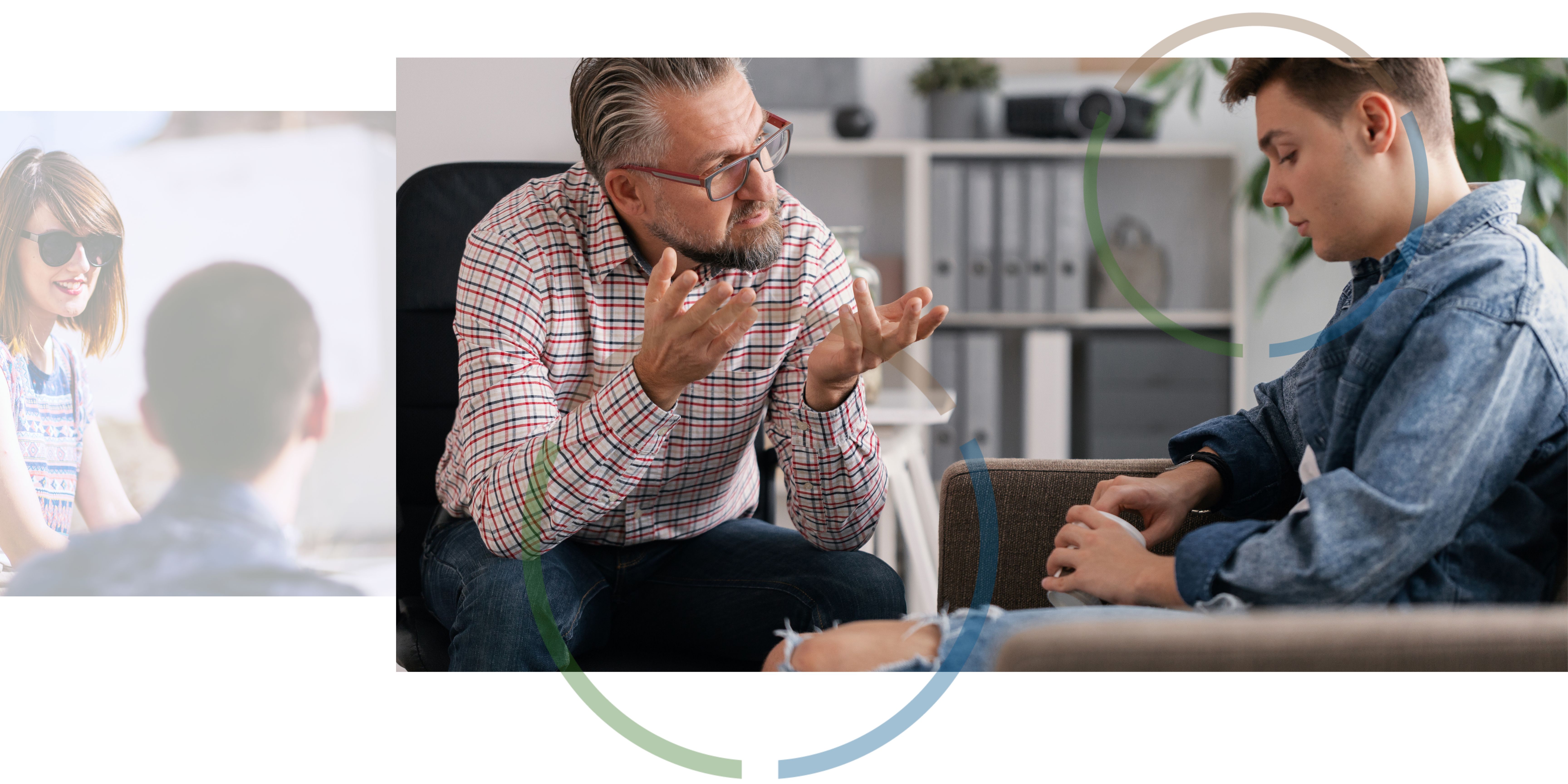 An image of people talking outside in the sun next to an image two men talking in an office.