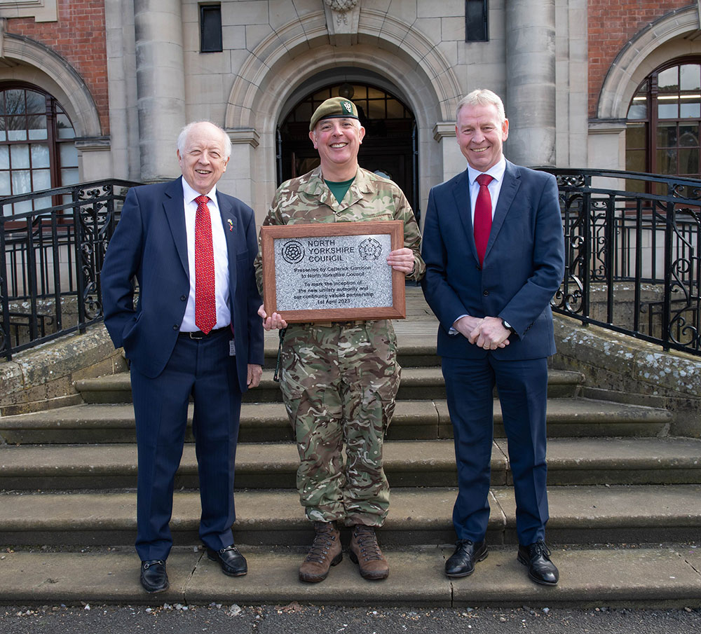 From left, North Yorkshire Council’s leader, Cllr Carl Les, Catterick Garrison Commander, Lieutenant Colonel Jim Turner, and the council’s chief executive, Richard Flinton, with the plaque to mark the launch of the new authority.