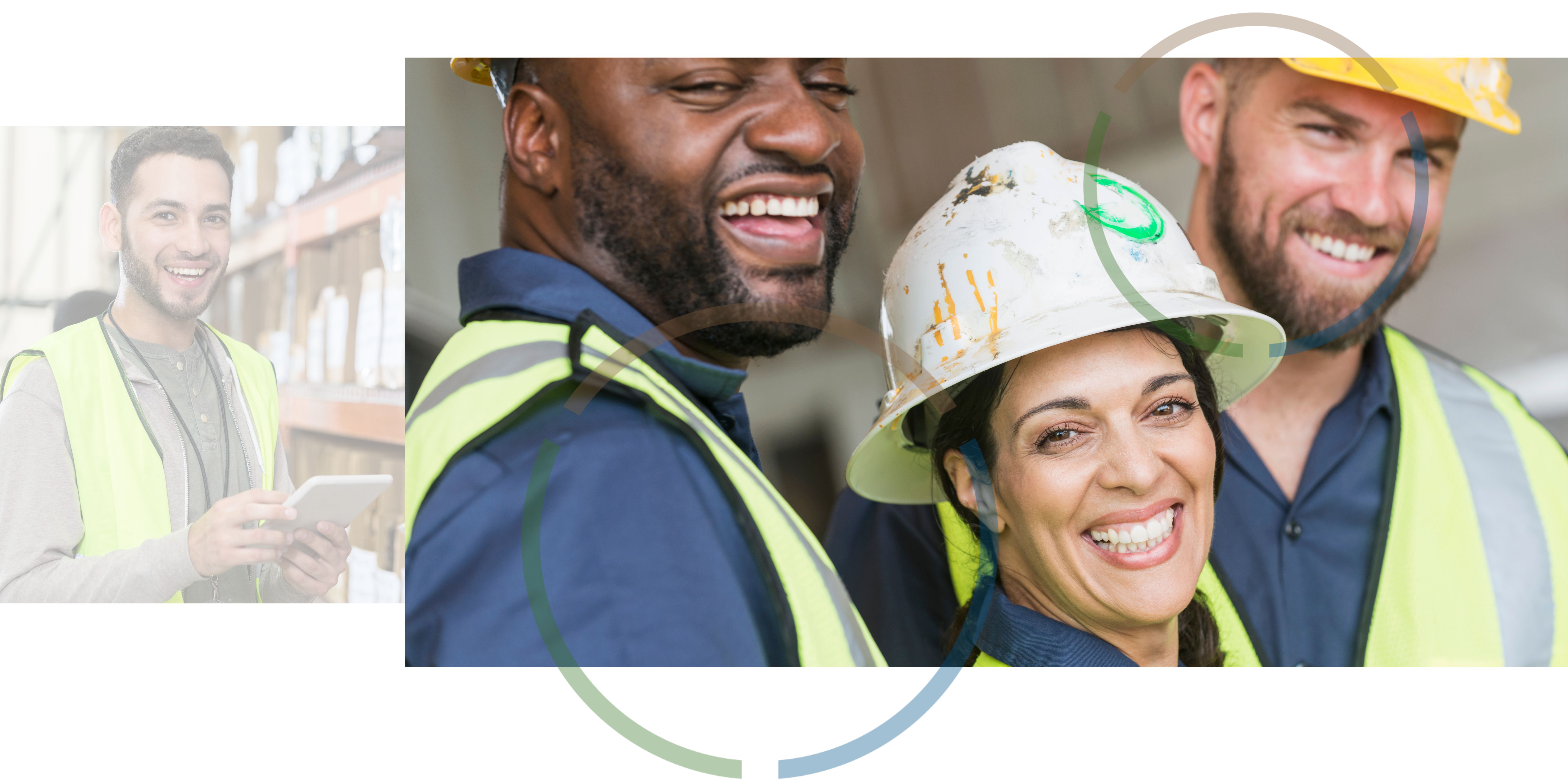 A photo of a man smiling in a warehouse next to a photo of people wearing hard hats and smiling.