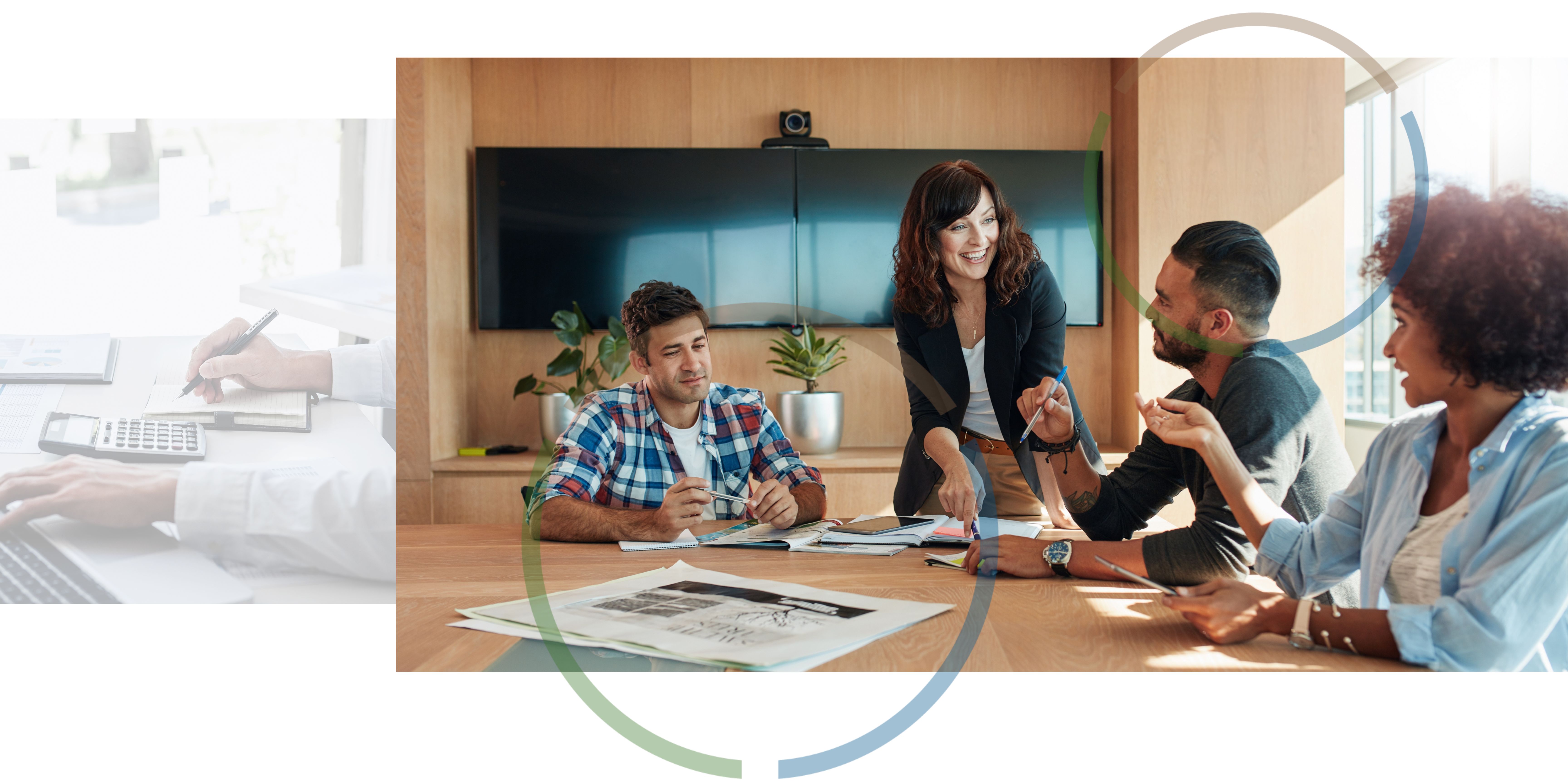 An image of someone working at a desk next to an image of co-workers having a meeting. 